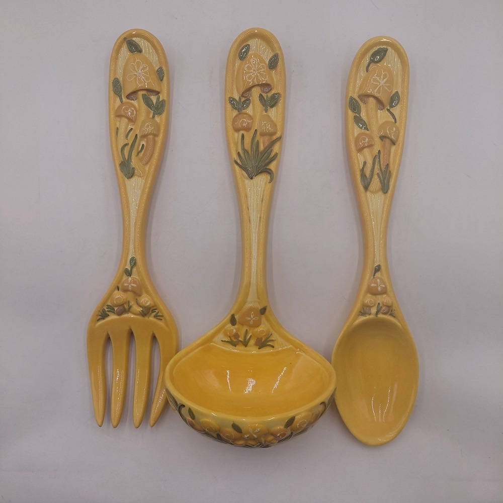 Vtg 70s Arnels Ceramic Mushroom 17" Fork Spoon Ladle Wall Hanging Set Kitchy